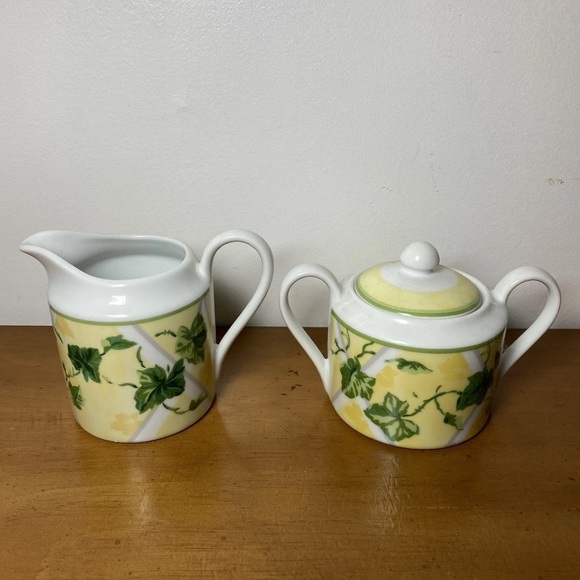 Waverly Gazebo Cream And Sugar Set Creamer Lemon Yellow Ivy Green Vintage 90’s - Picture 4 of 9